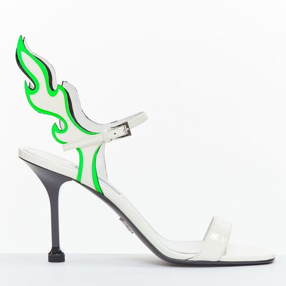 Prada Shoes - PRADA 2018 Hot Flame Acid Fire white green patent leather mid heel sandal EU36.5